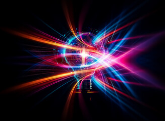 Glowing light bulb with circuit board patterns and digital connections, radiating vibrant colors against a dark backdrop, representing innovation and technological concepts.