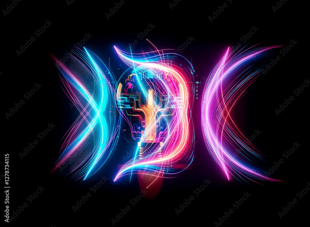 Aufkleber futuristic lightbulb with vibrant, glowing circuit patterns inside. neon colors illuminate the bulb,
