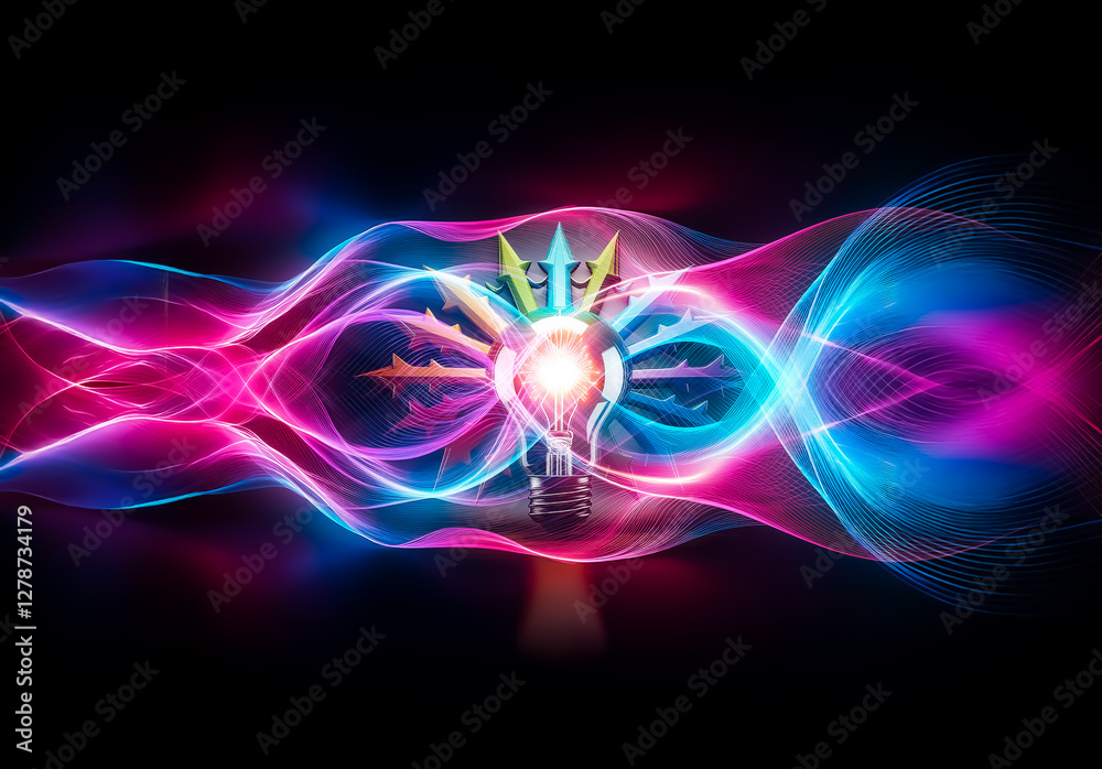 Aufkleber a bright light bulb radiates light, surrounded by colorful arrows pointing outwards. this symbolizes