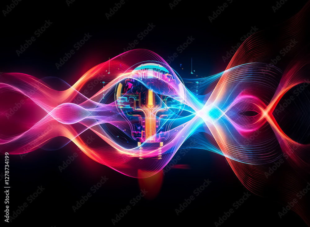 Poster Futuristic lightbulb with vibrant, glowing circuit patterns inside. Neon colors illuminate the bulb, suggesting innovation and digital technology concept.