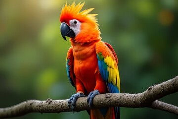 Obraz premium Vibrant Scarlet Macaw Perched on Branch in Lush Green Background