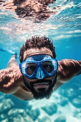 Naklejka premium Man swimming underwater with snorkeling gear enjoying ocean adventure and marine life in tropical waters, vibrant sea activity and leisure fun.