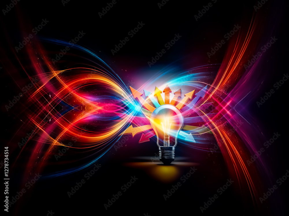 Poster illuminated light bulb radiates light in darkness. colorful arrows point outwards, representing idea
