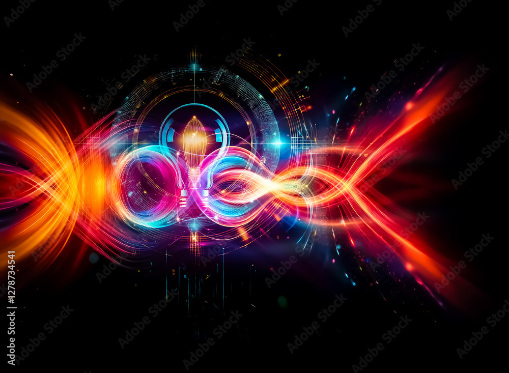Fototapete Bright lightbulb emits energy surrounded by glowing digital circuits and bokeh effect, representing innovative technology and futuristic concepts.
