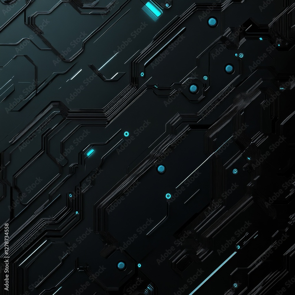 Fototapete futuristic circuit board with glowing elements: dark technological surface with intricate lines and 