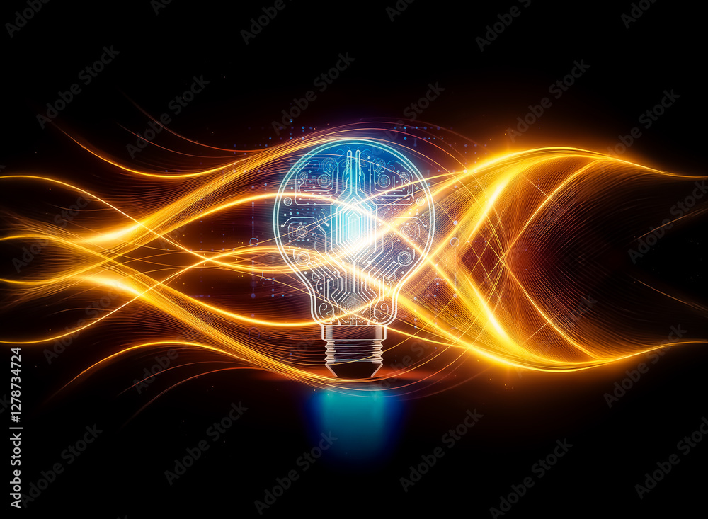 Leinwandbilder A glowing lightbulb, its filament replaced with intricate circuitry, sits on a dark surface.  The background features a digital circuit pattern, symbolizing innovation and technological advancement.