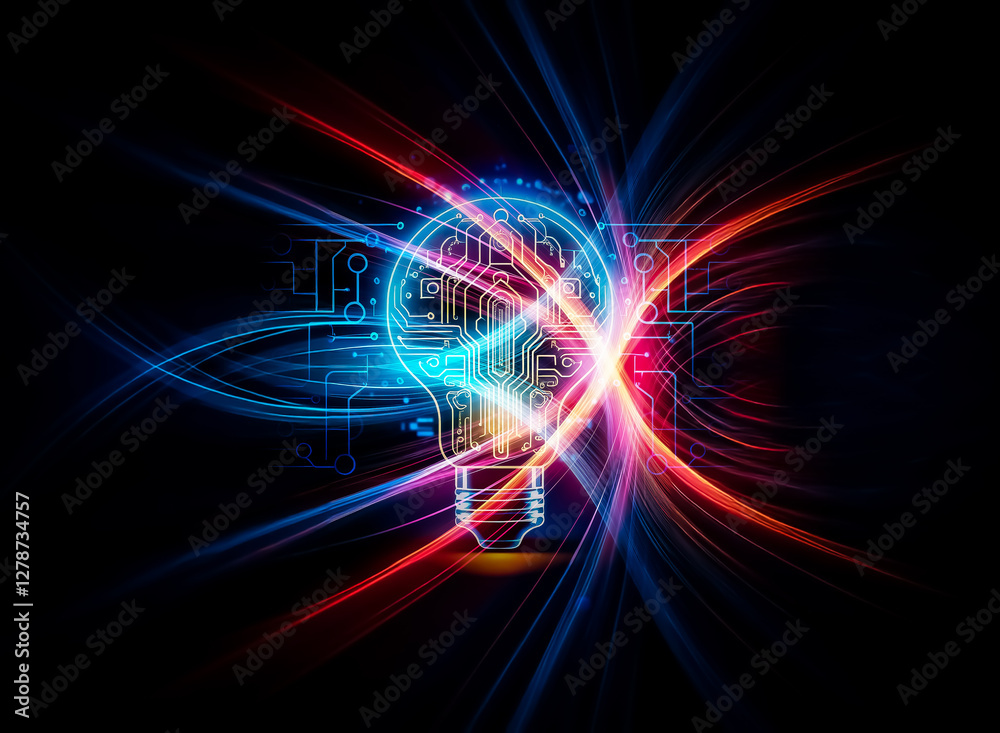 Aufkleber A glowing lightbulb with a circuit board inside, symbolizing innovation and technological advancement.  Surrounded by digital circuitry, it represents the fusion of ideas and technology.