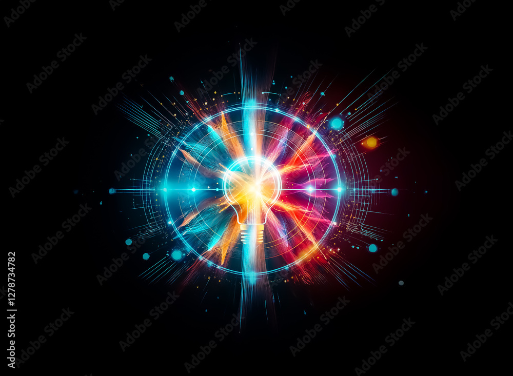 Poster bright light bulb at the core, surrounded by circular elements and radiating beams on dark backdrop.