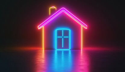 3D render of a cute home icon above banknote in the center on a black background, with a neon light effect, holographic style, and rainbow colors.