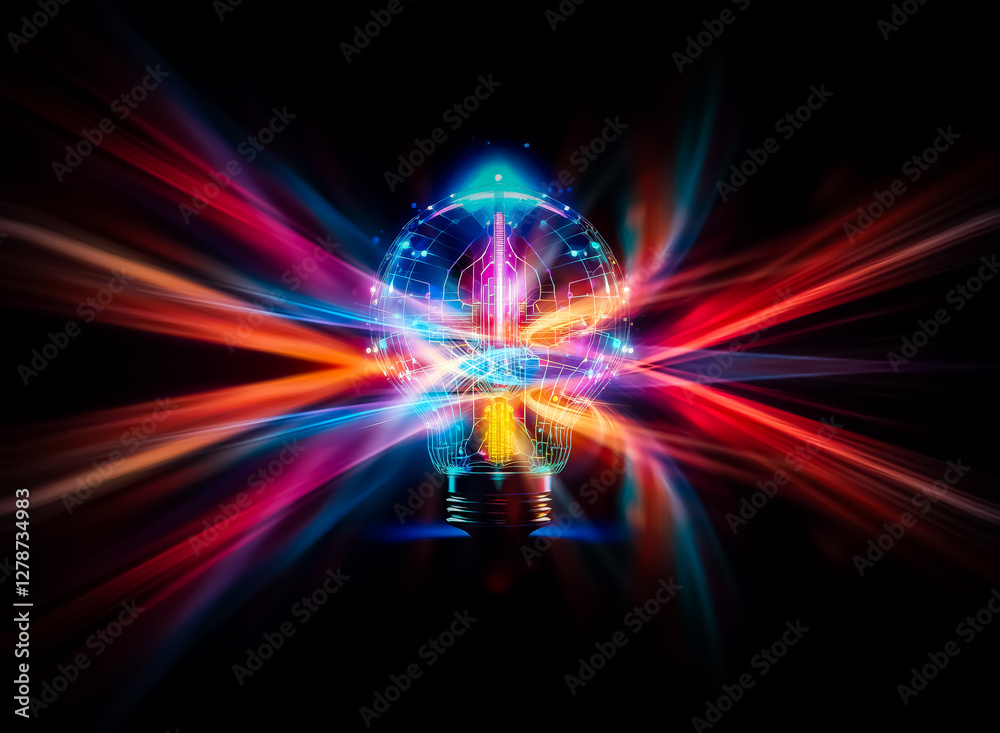 Poster a glowing light bulb made of interconnected circuits illuminates the darkness. bright, colorful ligh