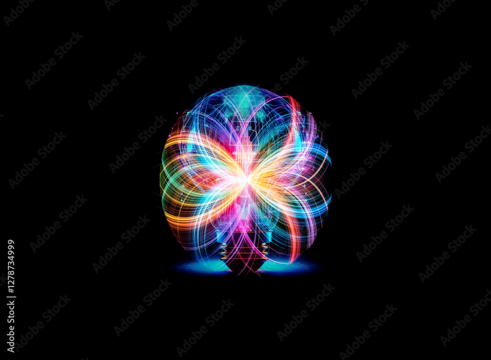 Poster A vibrant light bulb glowing with colorful circuit patterns and lights, illuminated against a dark background. The bulb radiates a sense of innovation and bright ideas.