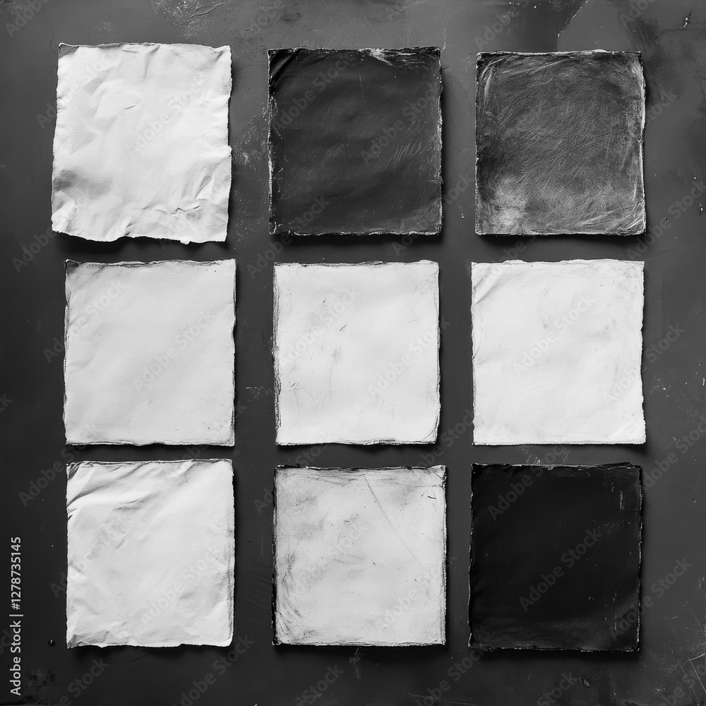 Aufkleber grid of contrasting squares: an abstract composition of white and black shapes on dark texture