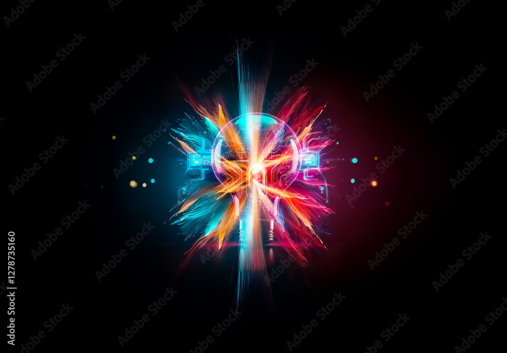 Aufkleber illuminated light bulb with vibrant circuits and sparkling particles on black backdrop. symbolizes i