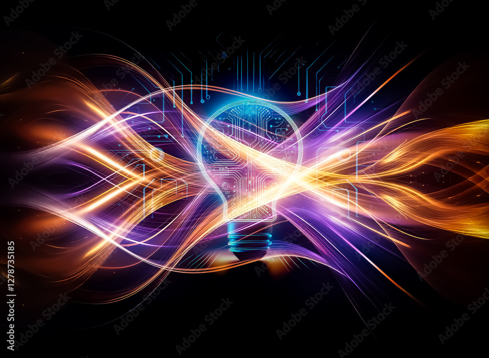 Poster a glowing lightbulb, its filament a complex circuit board, sits on a dark, technological background.