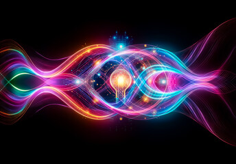 A glowing light bulb in a circular futuristic design with vibrant orange and blue lights on dark. Evokes innovation and technology.