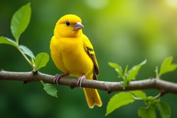 Fototapeta premium Vibrant Yellow Bird Perched on a Branch in Lush Green Surroundings