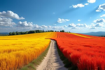 Fototapeta premium Vibrant Yellow and Red Fields Under a Blue Sky, Countryside Landscape