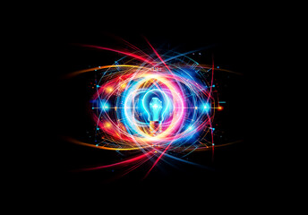 A glowing light bulb is centered in a circular abstract design with blue and orange lights against a dark background, creating a futuristic and technological feel.