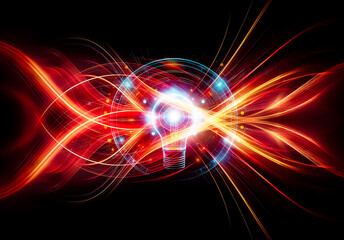 A glowing light bulb at the center of radiating blue and orange energy lines and circles, symbolizing innovation and bright ideas in a tech-focused environment.