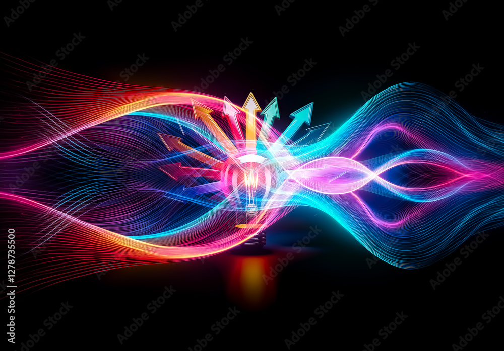 Poster An illuminated lightbulb emits light, surrounded by vibrant colorful arrows pointing outwards on a dark backdrop, symbolizing idea expansion and diverse directions.