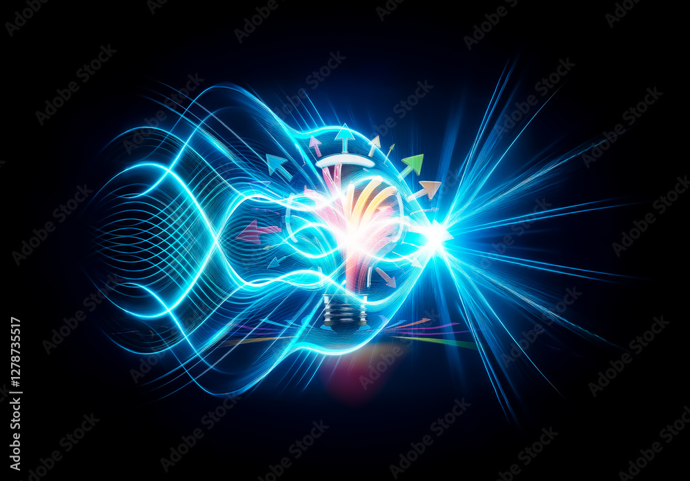 Poster a vibrant lightbulb emits colorful arrows, symbolizing ideas and creativity. illuminated paths lead 