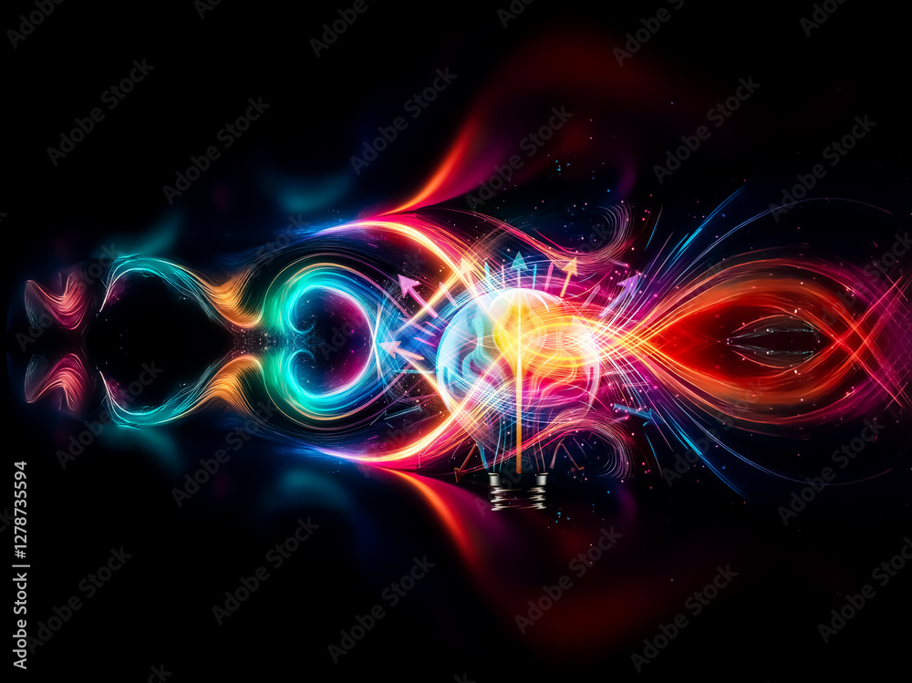Poster a vibrant light bulb emits colorful arrows against a dark background. symbolizing idea generation, c