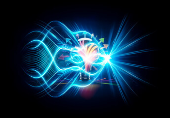 A vibrant lightbulb emits colorful arrows, symbolizing ideas and creativity.  Illuminated paths lead to the bulb, set against a dark backdrop.