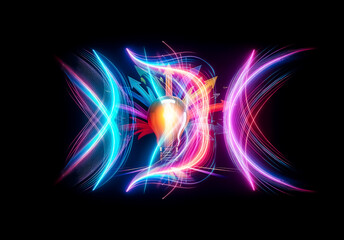 Bright lightbulb emits vibrant rainbow arrows, representing innovative ideas and diverse directions on a dark stage.