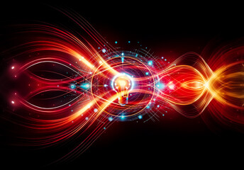 A bright light bulb is center, encircled by futuristic glowing elements, symbolizing innovation and tech advancement.