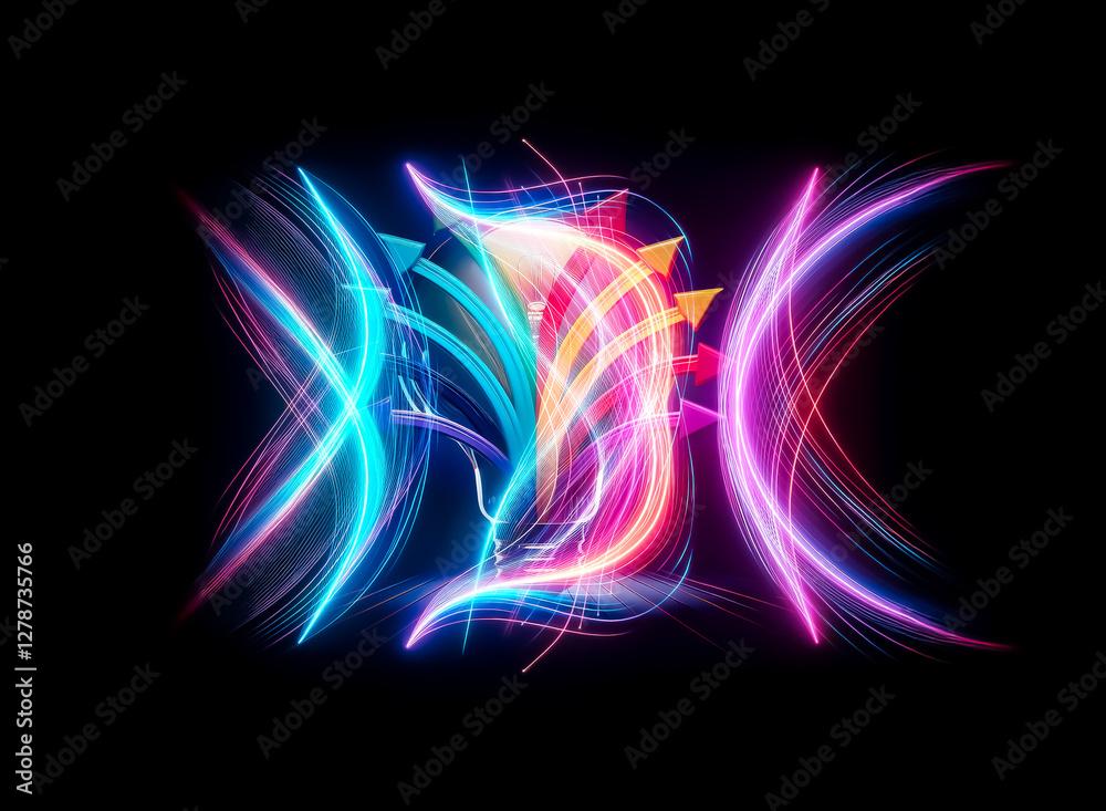 Poster illuminated bulb with rainbow arrows radiate outward. dark background. spreading ideas and creative 
