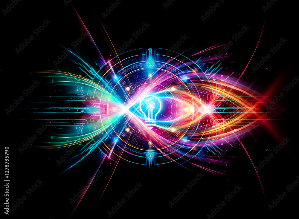 Aufkleber glowing light bulb surrounded by futuristic tech circles with blue and orange lights, creating a bri