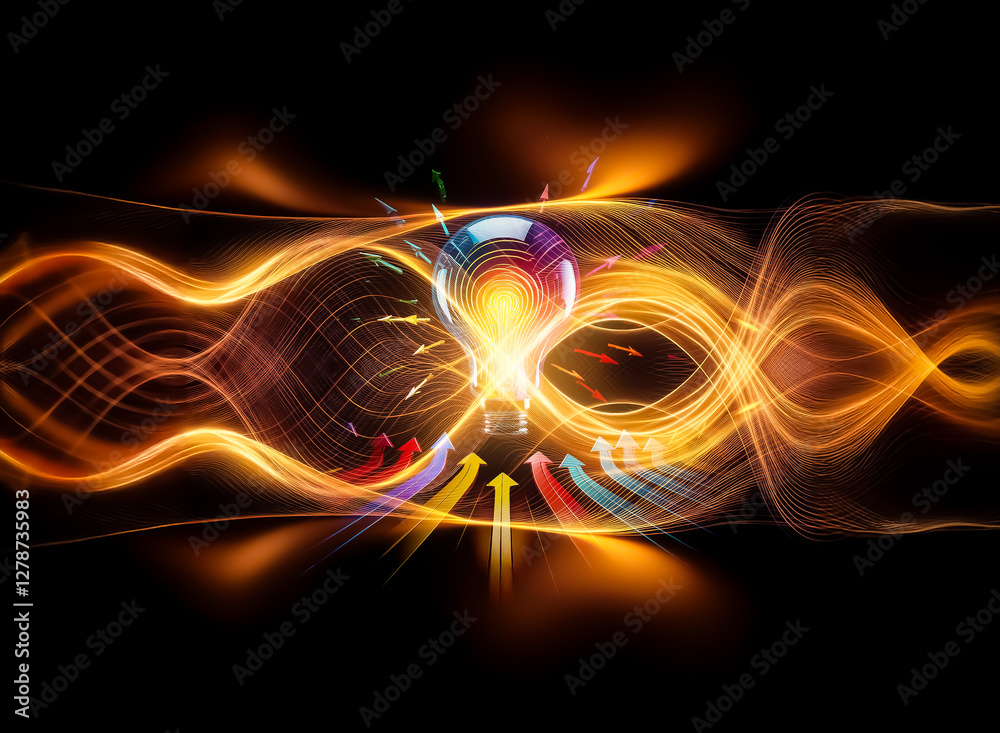 Aufkleber a vibrant lightbulb glows, illuminated by colorful arrows converging towards it in the dark, symboli