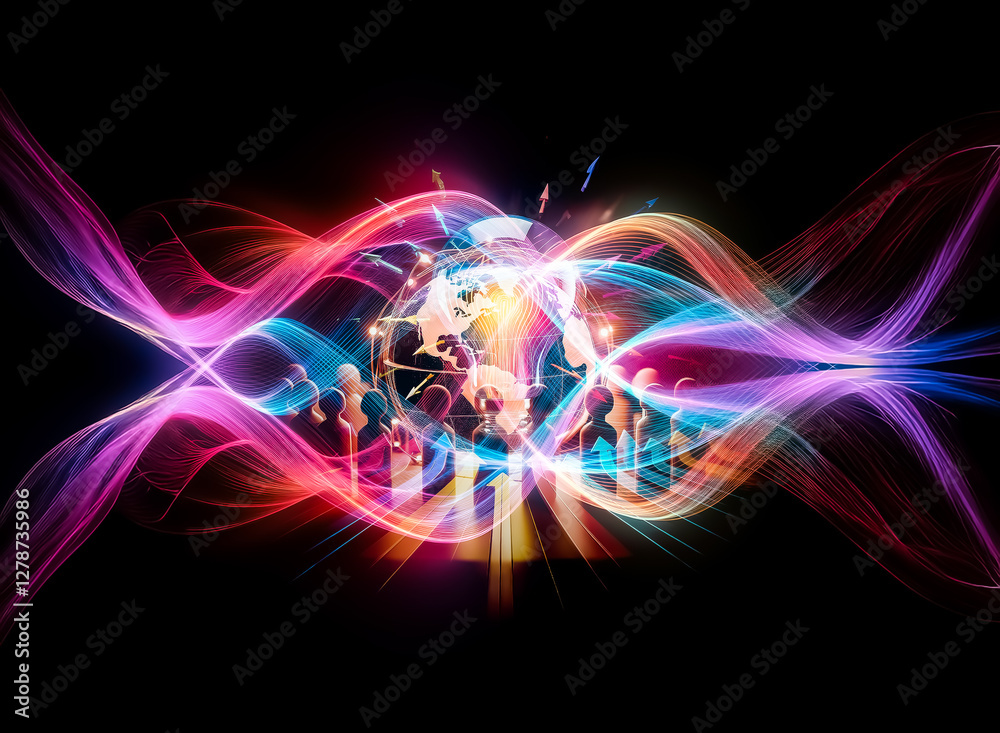 Poster a vibrant lightbulb glows, illuminated by colorful arrows converging towards it in the dark, symboli