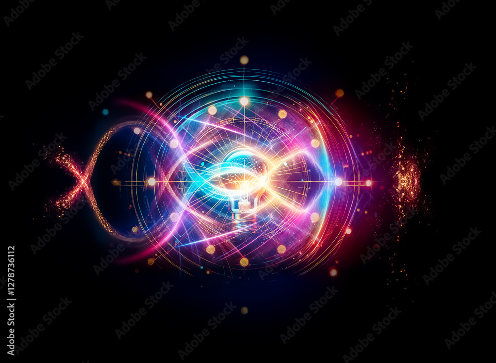 Poster bright light bulb in center, encircled by concentric circles of lights and dots on dark background, 