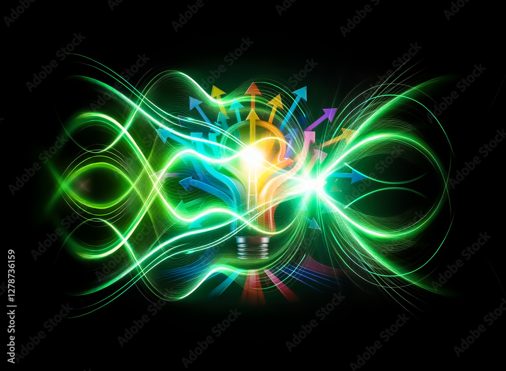 Poster a colorful lightbulb radiates bright light and ideas, symbolized by arrows pointing in various direc