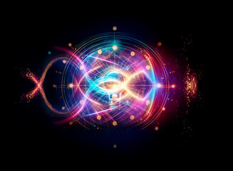 Bright light bulb in center, encircled by concentric circles of lights and dots on dark background, symbolizing innovation and interconnected ideas.