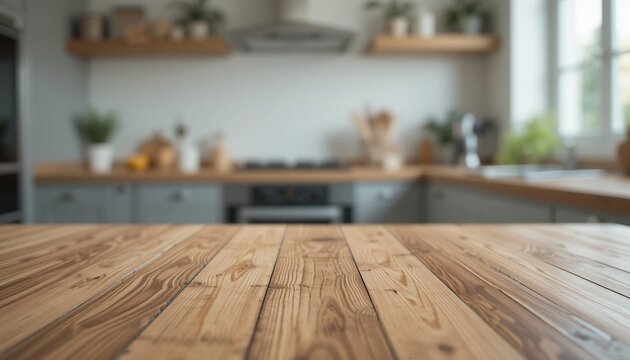 Empty wood table top on kitchen room blurred background. The focus is on the table surface.