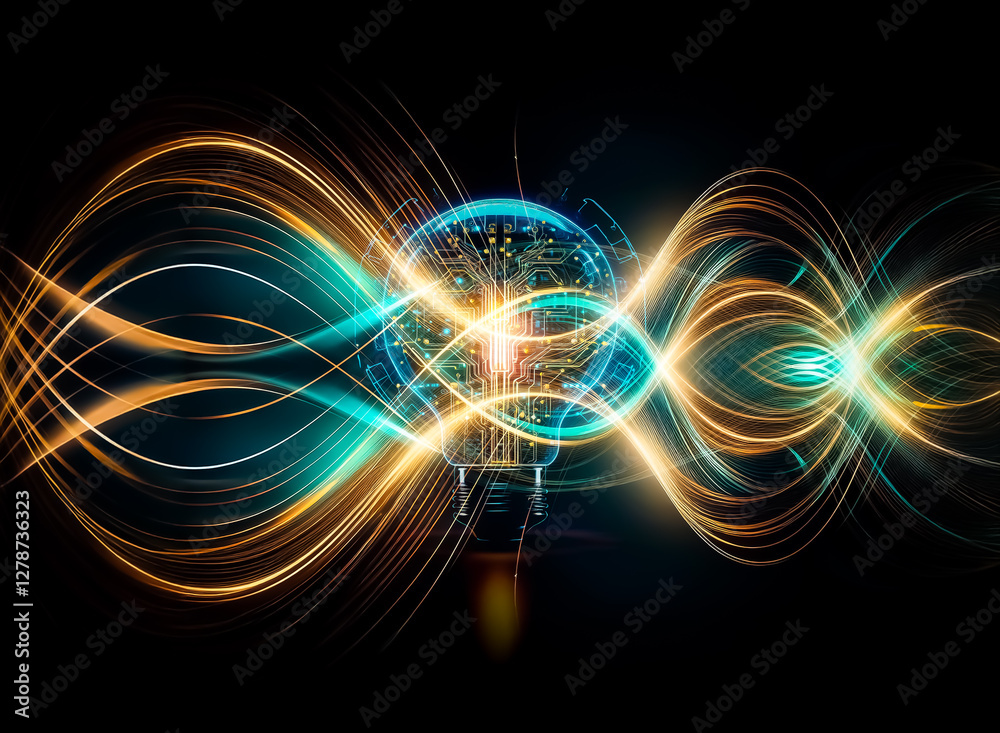 Aufkleber a glowing lightbulb, its filament replaced by a complex circuit board, symbolizes innovative technol
