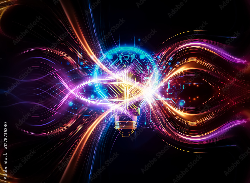 Poster a glowing lightbulb, its filament replaced by a circuit board, sits against a backdrop of digital ci