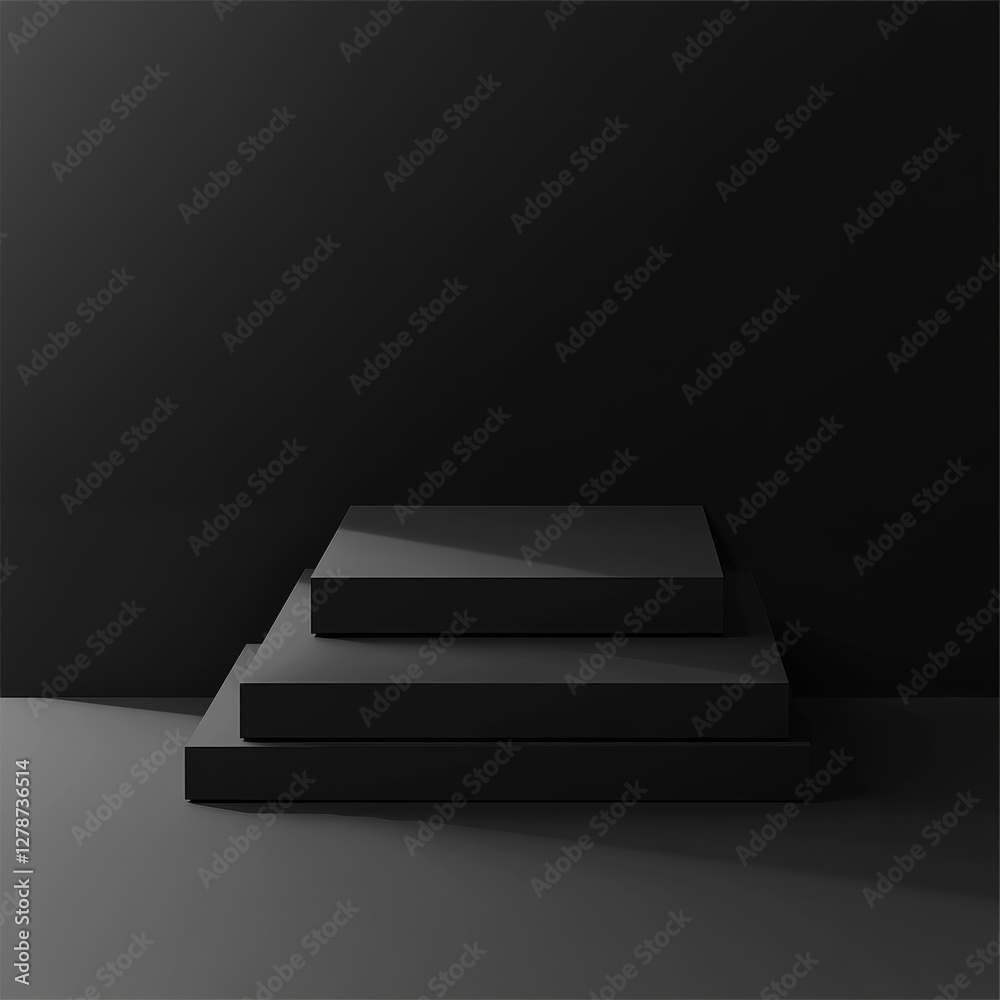 Aufkleber Minimalist Dark Presentation Podium with Three Levels for Product Display, in a Simple and Dramatic Studio Setting