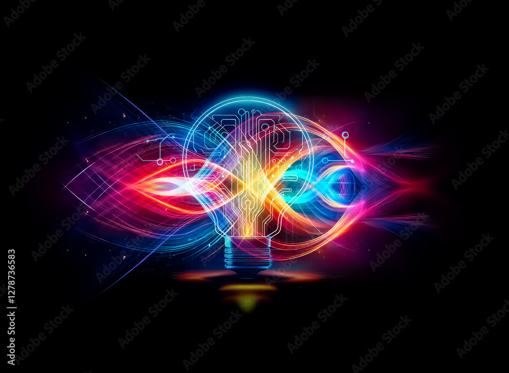 Leinwandbilder Glowing lightbulb with circuit board inside, symbolizing innovation and technological advancement.  Its bright light illuminates a dark background with circuit patterns.