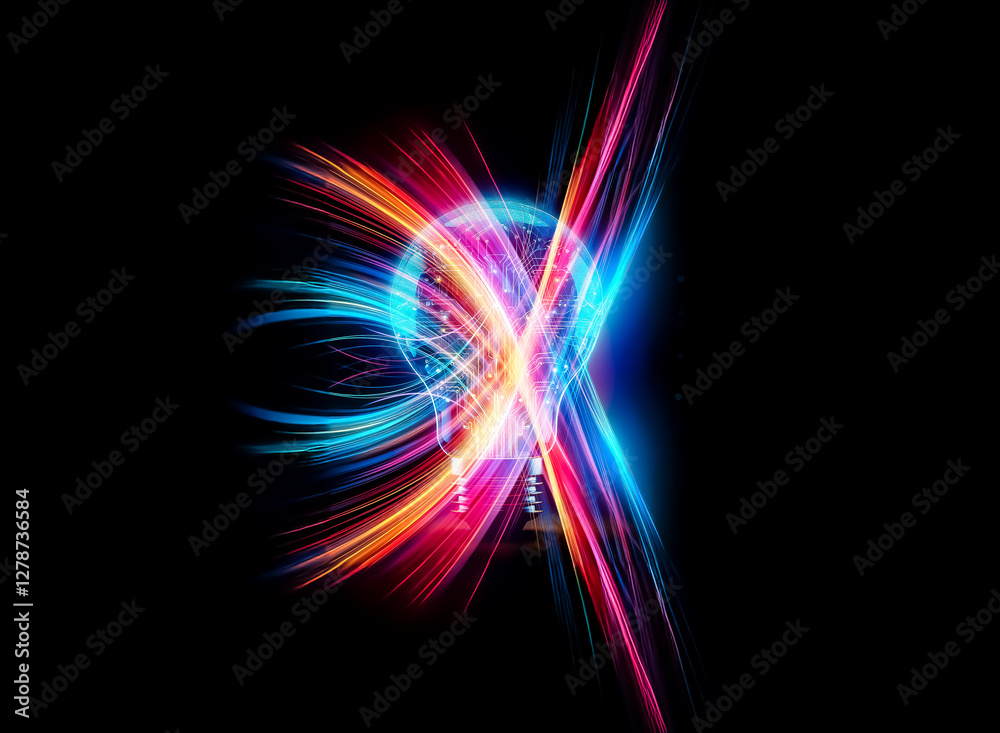 Poster a glowing lightbulb, its filament resembling intricate circuitry, radiates against a dark background