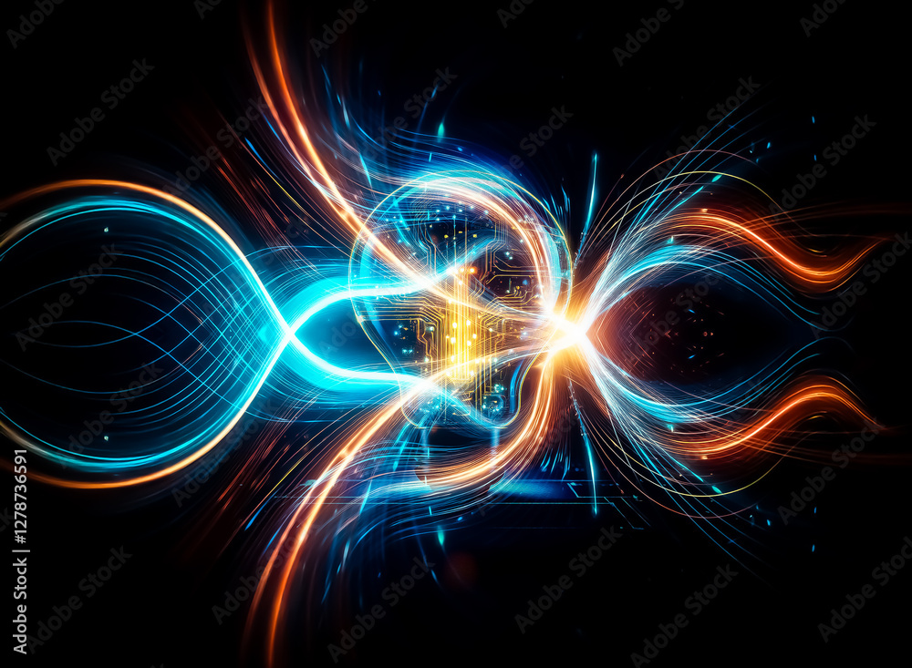 Poster a glowing lightbulb, its interior a complex circuit board, sits on a dark, technological surface. th