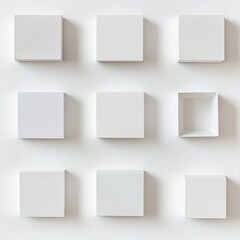 Minimalist Composition of Nine White Cubes with a Textured White Background, one open box, artful, gallery display.