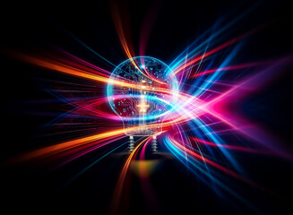 A glowing lightbulb, its interior a complex circuit board, symbolizes innovation and technological advancement.  The warm light contrasts with the cool blue hues, representing the merging of tradition