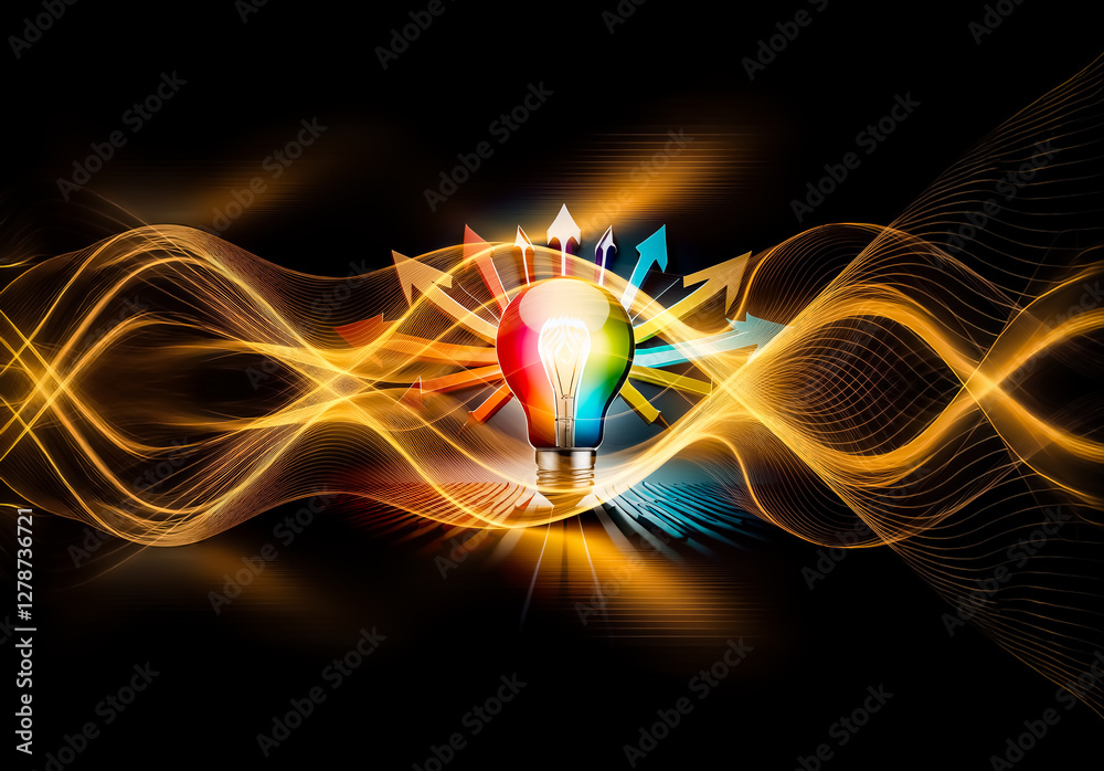 Aufkleber bright multicolored light bulb emits rays of ideas, shown as arrows pointing in various directions, 