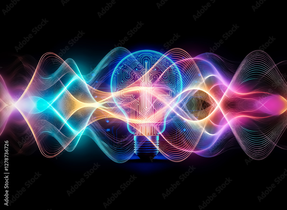 Poster a glowing lightbulb, its filament resembling a circuit board, sits against a dark blue, tech-inspire