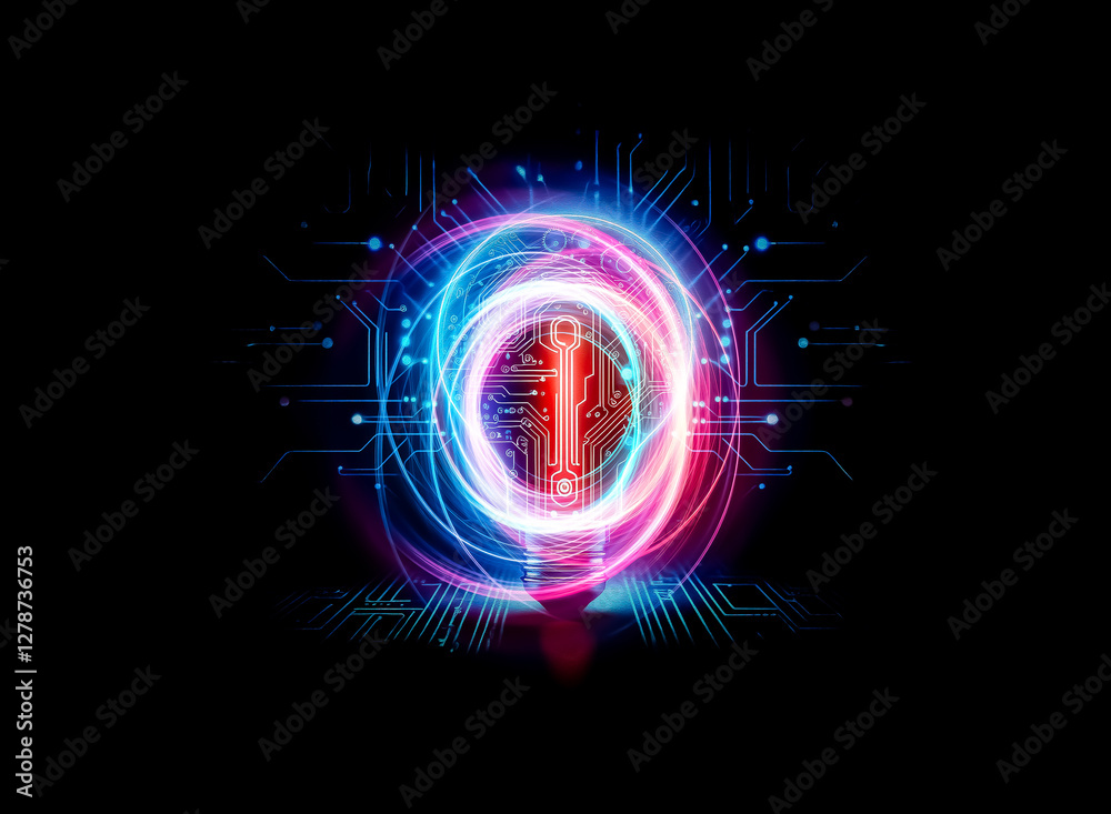 Poster a glowing lightbulb, its filament a circuit board, rests on a digital landscape. it symbolizes innov