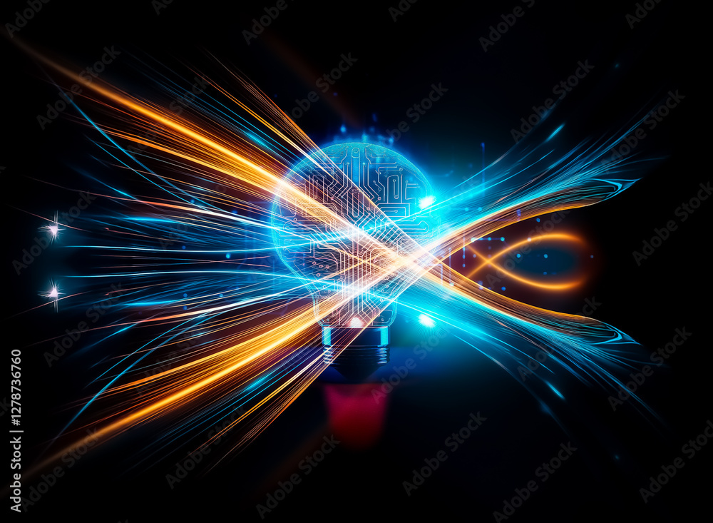 Poster A glowing lightbulb, its filament replaced by intricate circuitry, illuminates against a backdrop of digital pathways.  This symbolizes innovation and technological advancement.