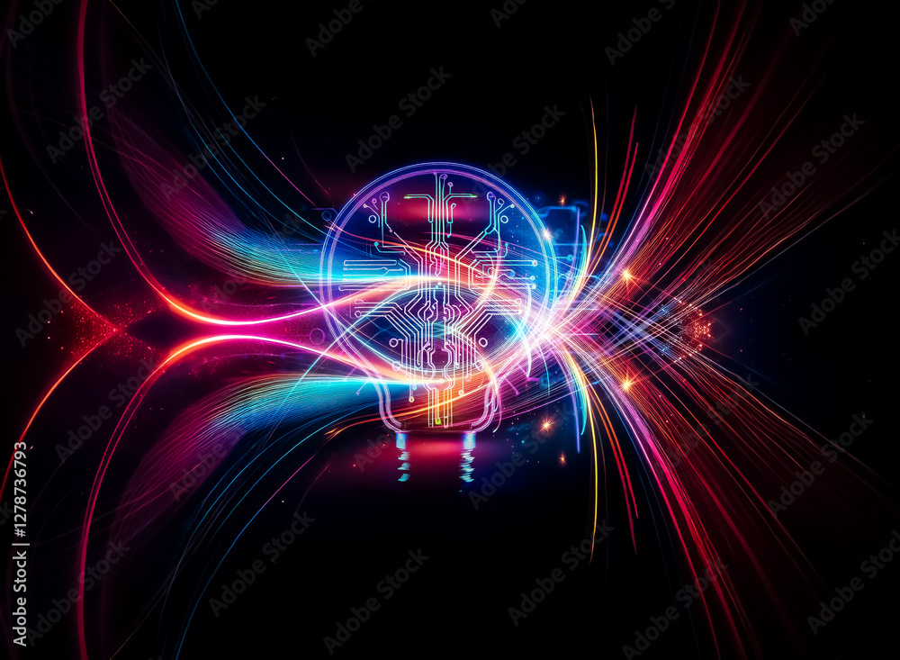 Poster Glowing lightbulb with a circuit board inside, symbolizing innovative technology and bright ideas.  A futuristic concept of intelligence and digital innovation.